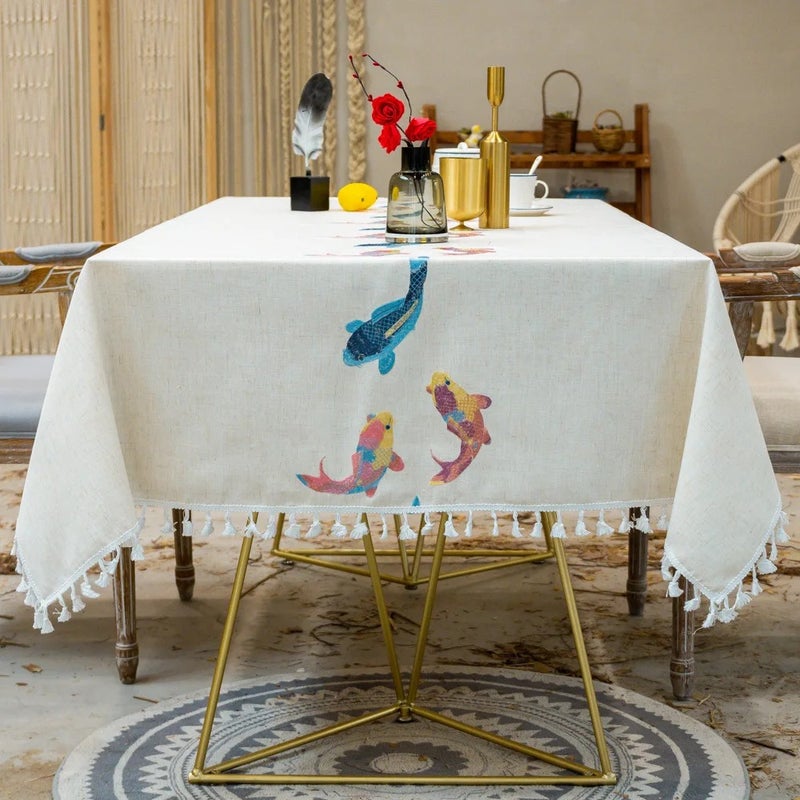Bluejw Cotton and Linen Tablecloth with Fish Pattern Embroidery White Table Cloth with Lace Table Clothes - Image 4